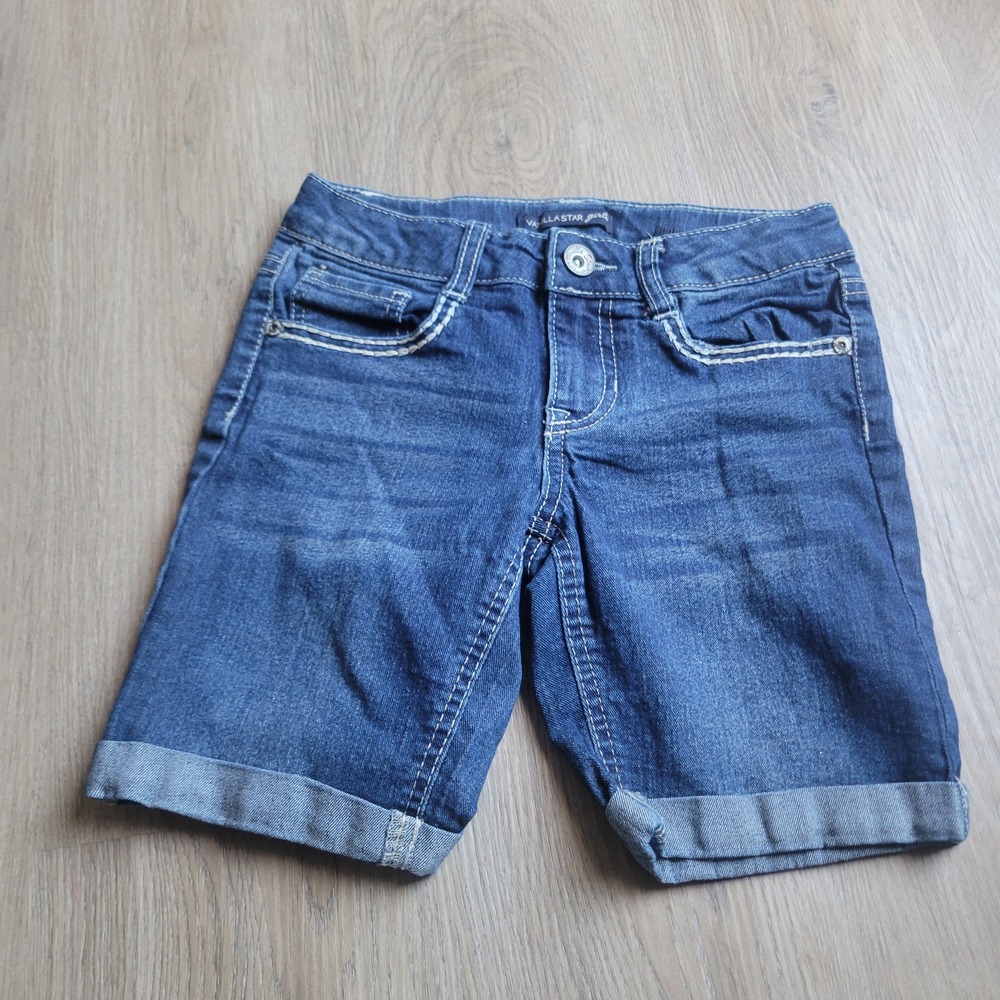 Vanilla Star Bermuda Shorts Girls 10 Blue Denim Embroidered Boho Sequin Cuffed